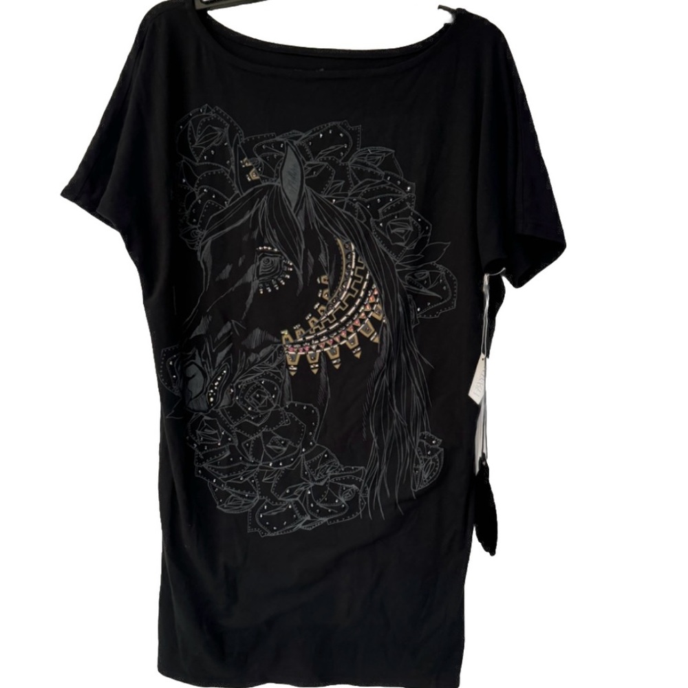 Key Closet Swarovski Studded Horse Short Sleeve Womens Black Size Medium & Small - Picture 2 of 11